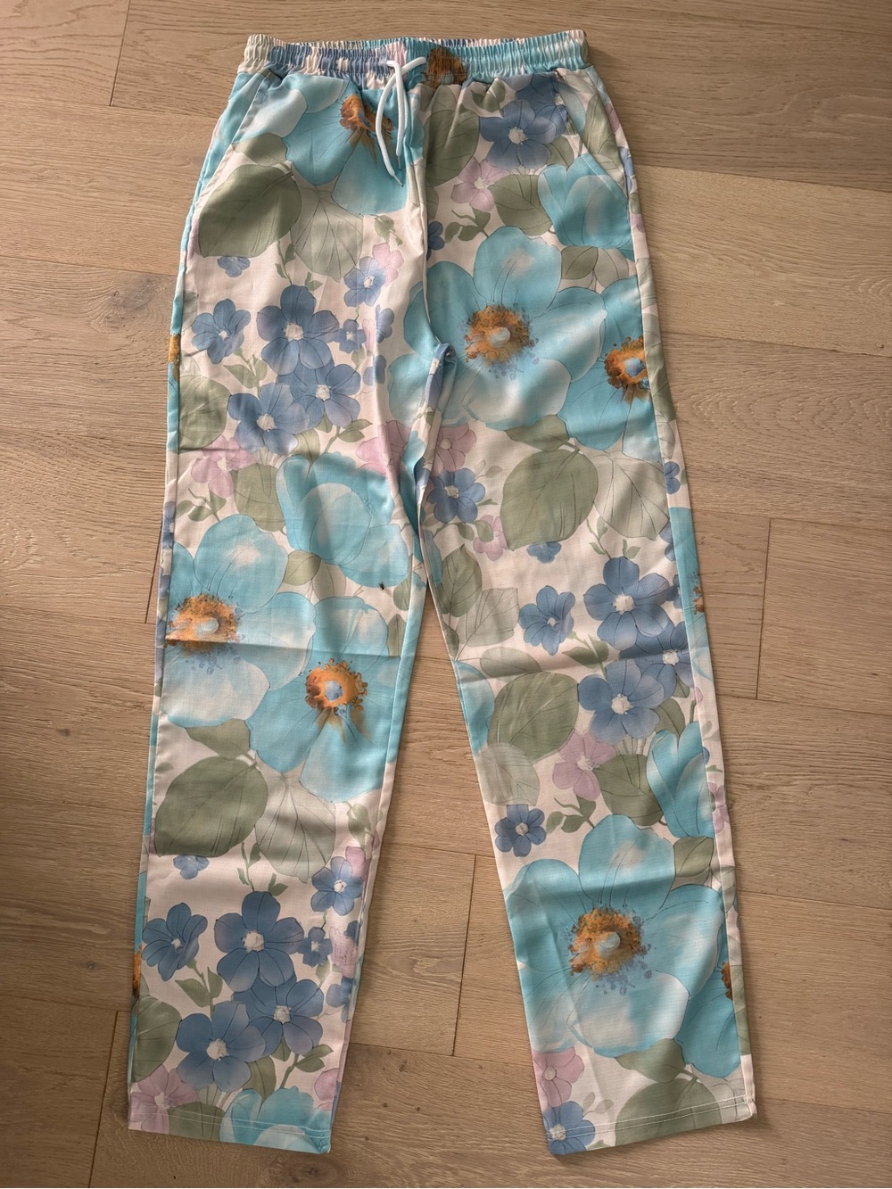 Floral Print Women's Drawstring Pants in Aqua Blue